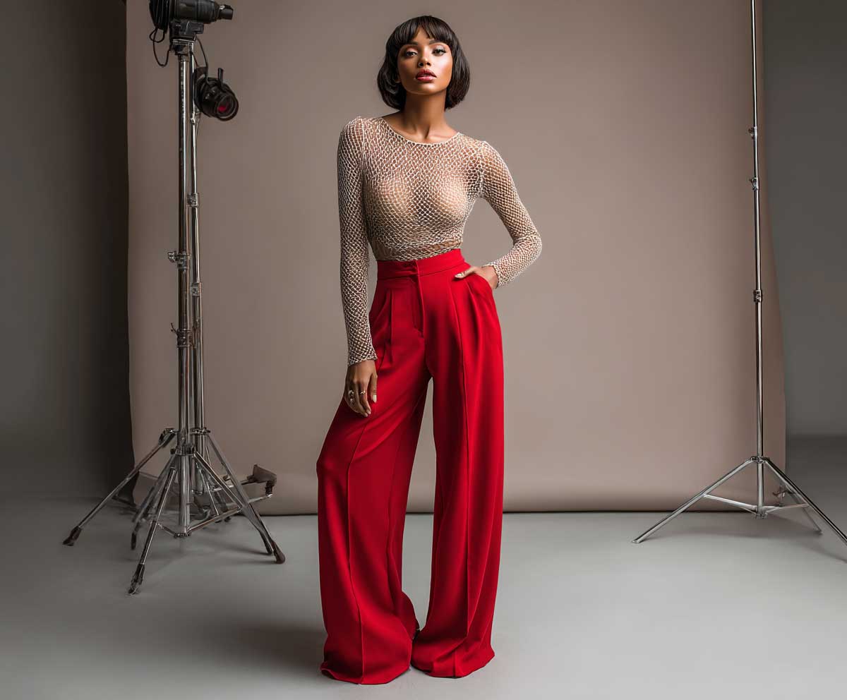 woman wearing soft beige mesh bodysuit and high waist red wide leg trousers, fashion studio setup, bold color styling, relaxed confident posture, warm lighting, full body look