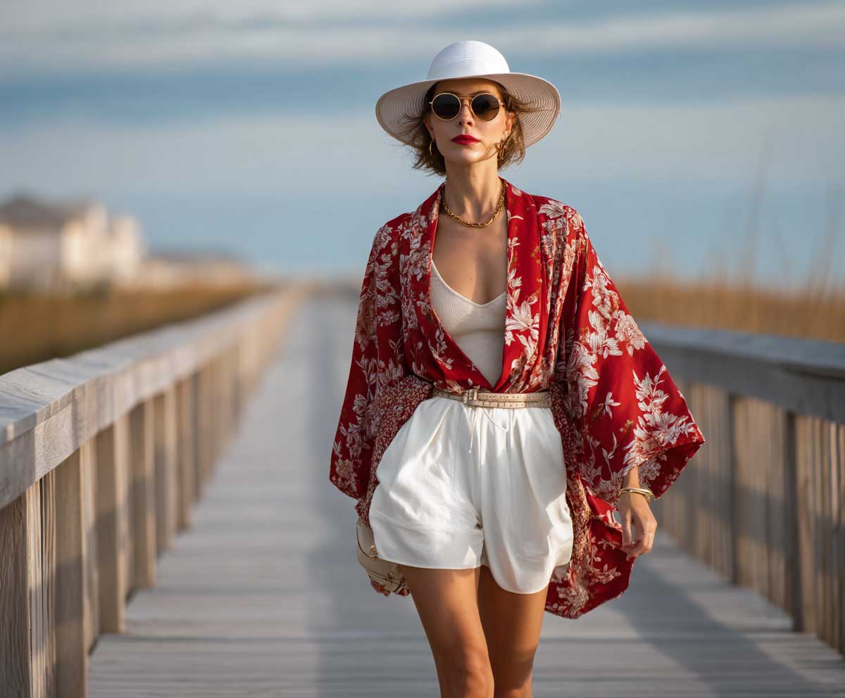 fashion model walking along a coastal boardwalk wearing a red floral silk kimono and white high waist linen shorts, neutral top, sun hat, beach breeze, warm sunset light, full-length summer fashion photo