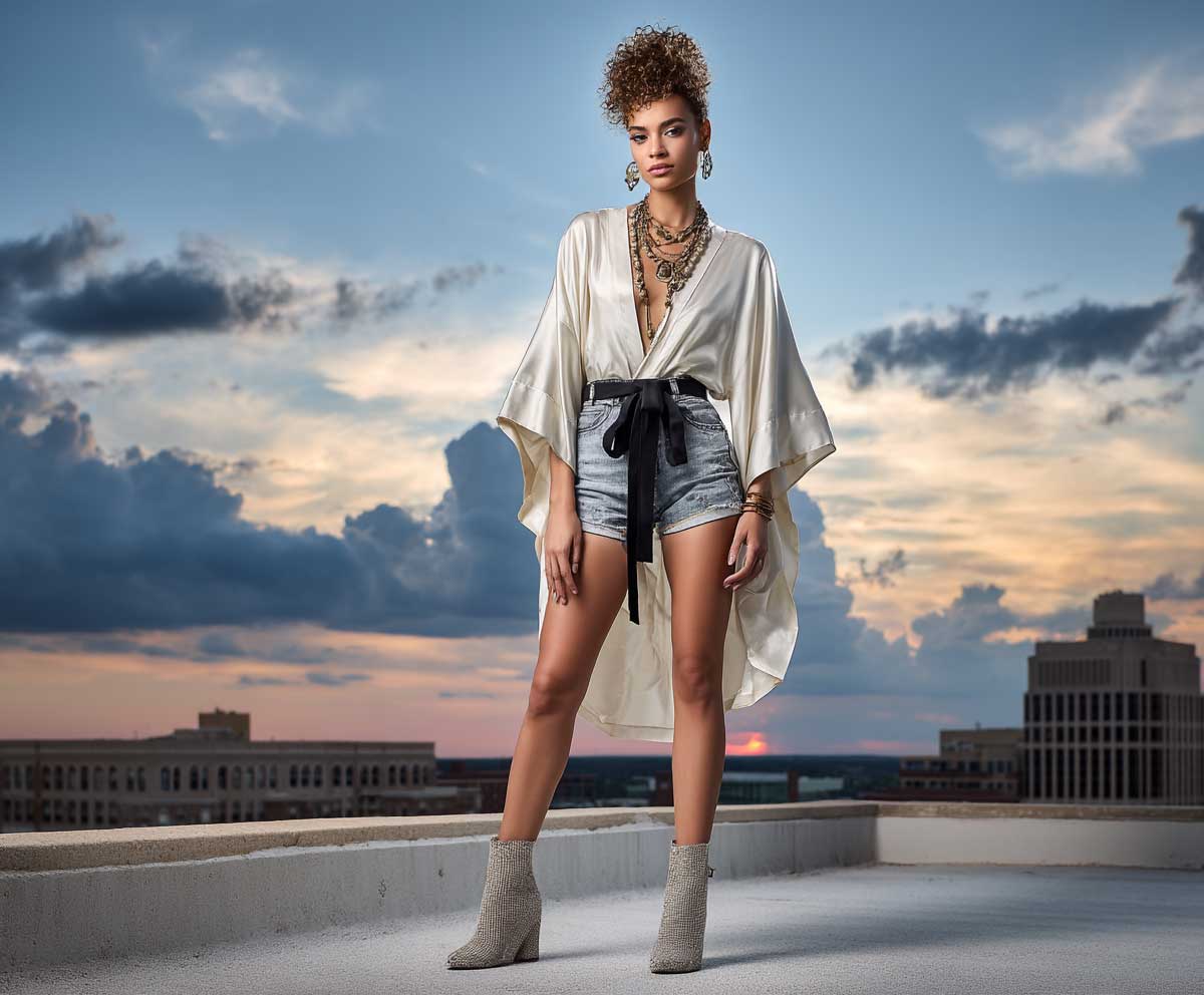 urban fashion model wearing an ivory silk kimono tied with a black belt and high waist denim shorts, standing on a rooftop at sunset, ankle boots, layered necklaces, dramatic sky in background, full-body street style shot