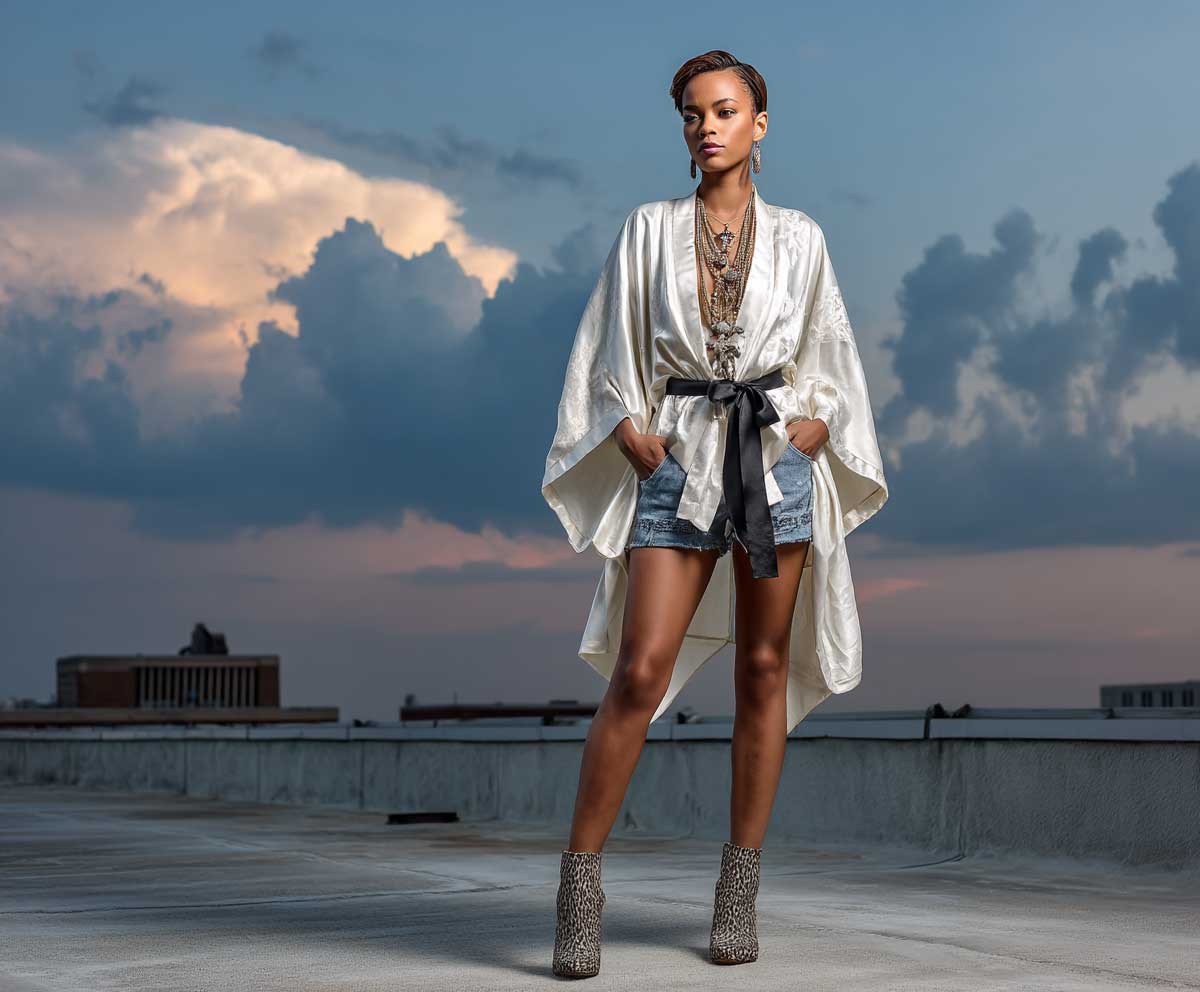 urban fashion model wearing an ivory silk kimono tied with a black belt and high waist denim shorts, standing on a rooftop at sunset, ankle boots, layered necklaces, dramatic sky in background, full-body street style shot