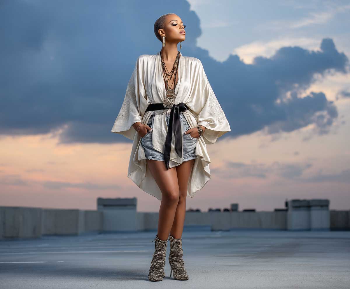 urban fashion model wearing an ivory silk kimono tied with a black belt and high waist denim shorts, standing on a rooftop at sunset, ankle boots, layered necklaces, dramatic sky in background, full-body street style shot