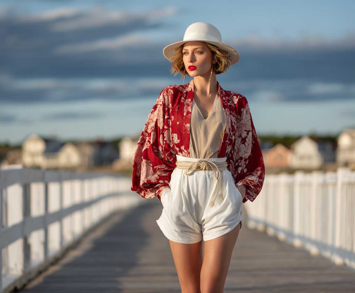 fashion model walking along a coastal boardwalk wearing a red floral silk kimono and white high waist linen shorts, neutral top, sun hat, beach breeze, warm sunset light, full-length summer fashion photo