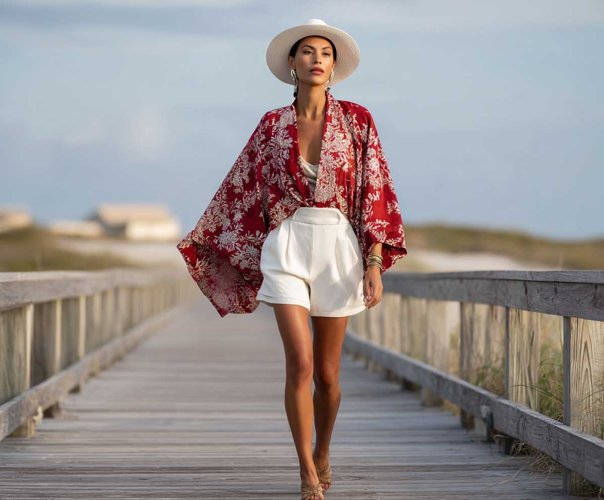 fashion model walking along a coastal boardwalk wearing a red floral silk kimono and white high waist linen shorts, neutral top, sun hat, beach breeze, warm sunset light, full-length summer fashion photo