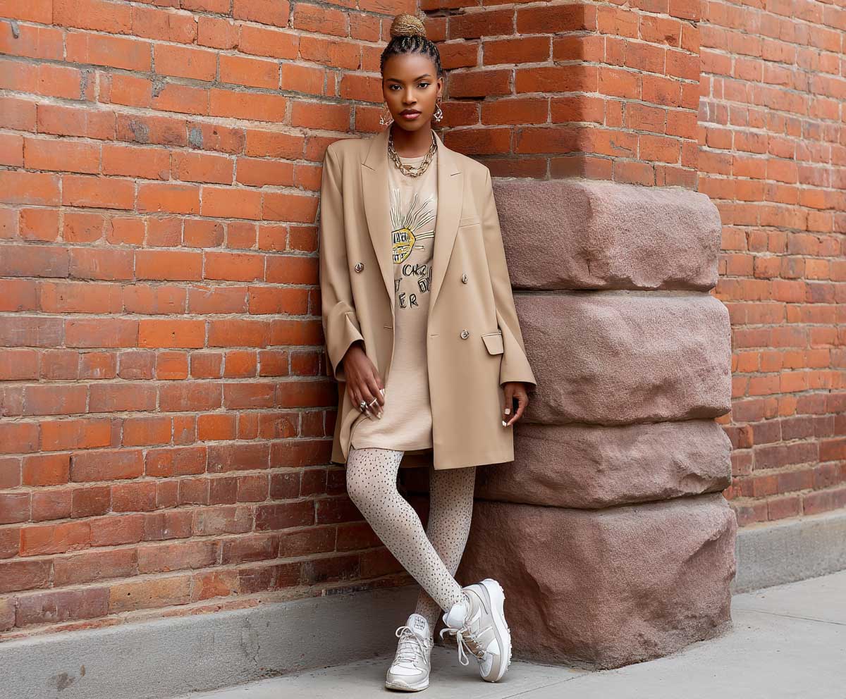 urban style model wearing nude fishnet stockings, a camel oversized blazer, and a short graphic tee dress, leaning against a city wall, sneakers, tousled hair, golden backlight, effortless street style vibe, full-body pose