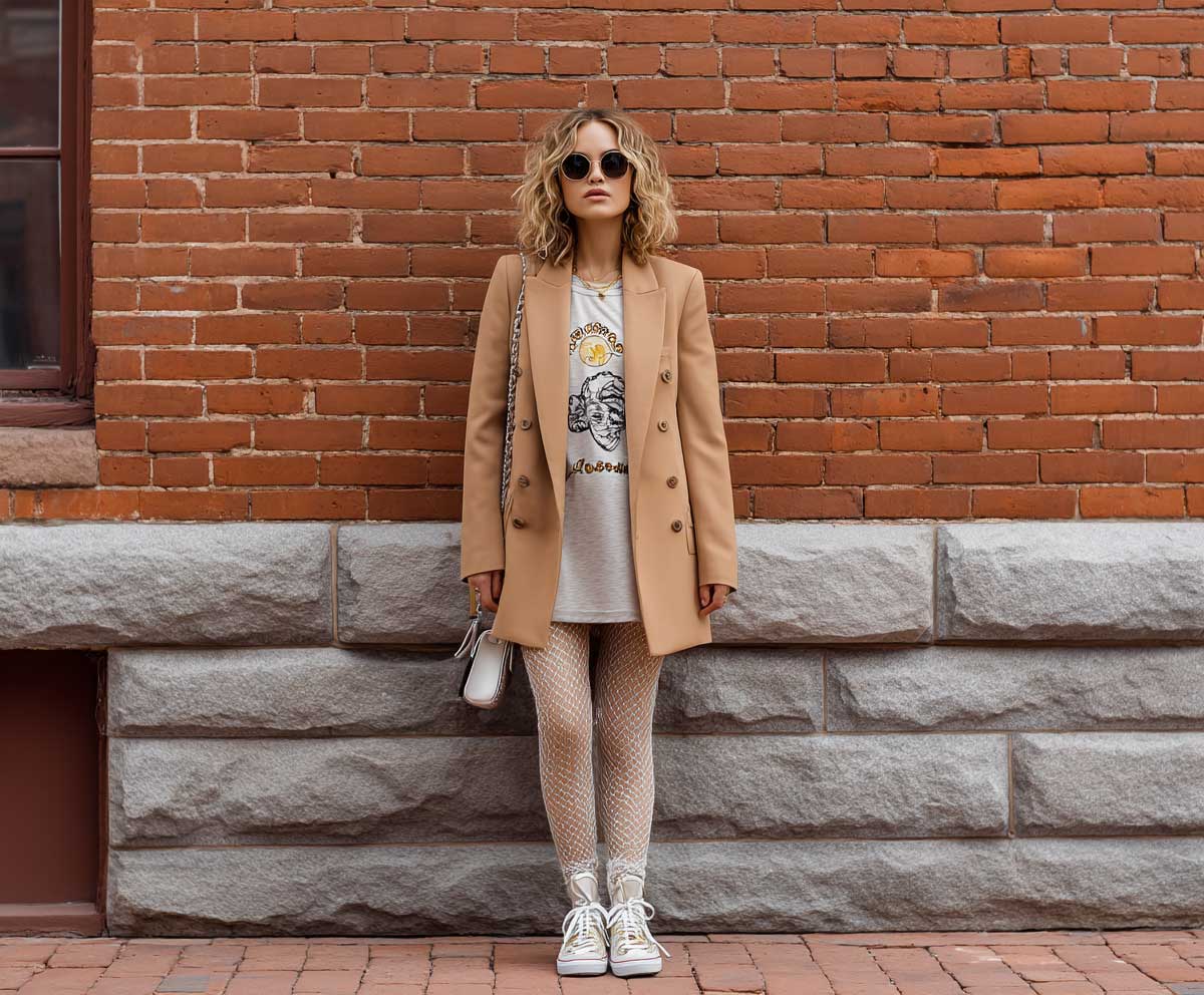 urban style model wearing nude fishnet stockings, a camel oversized blazer, and a short graphic tee dress, leaning against a city wall, sneakers, tousled hair, golden backlight, effortless street style vibe, full-body pose