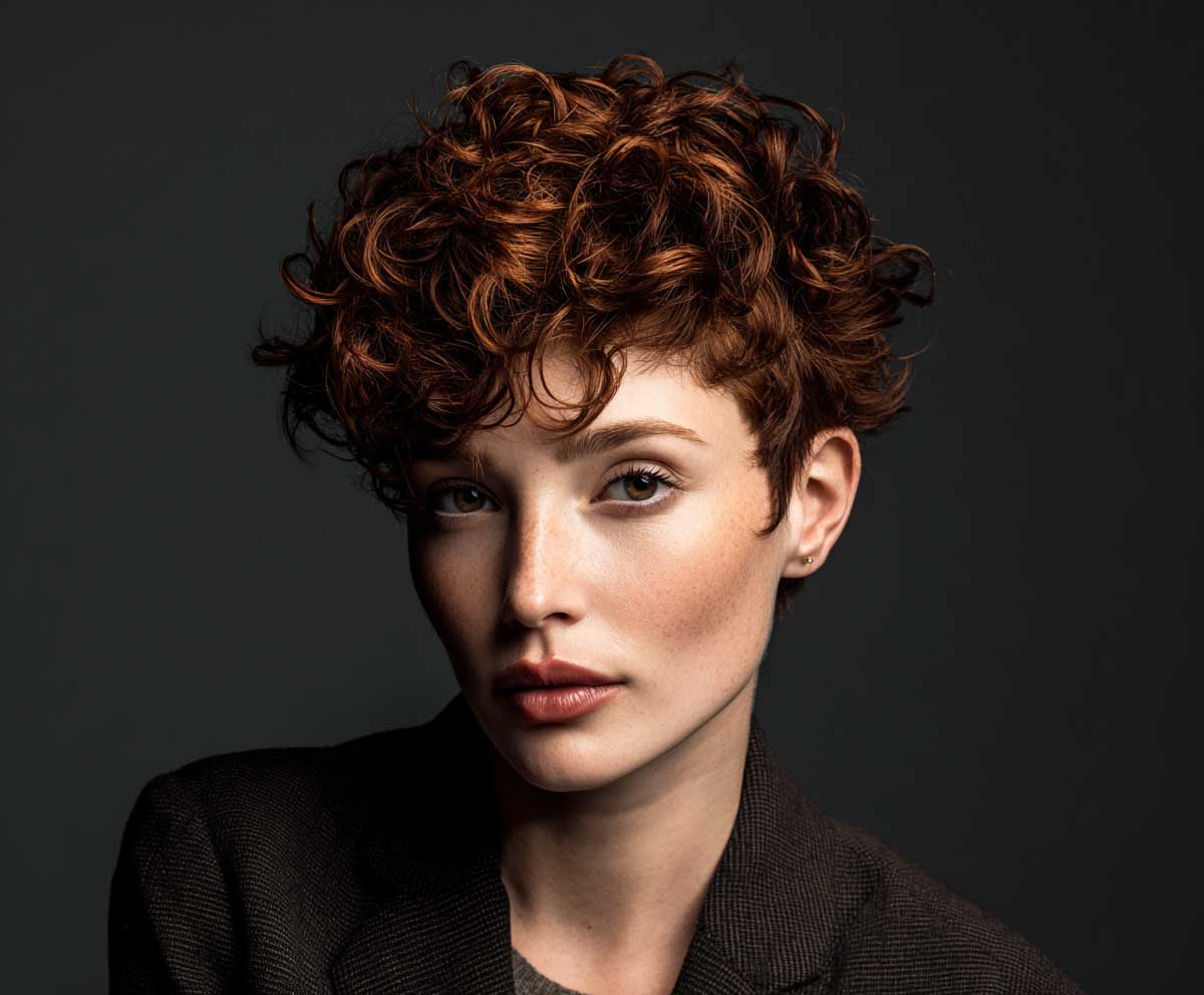 portrait photo of a woman with a short pixie cut and short hair perm in deep auburn, textured curls, windswept and voluminous, natural lighting, studio background, modern hairstyle showcase