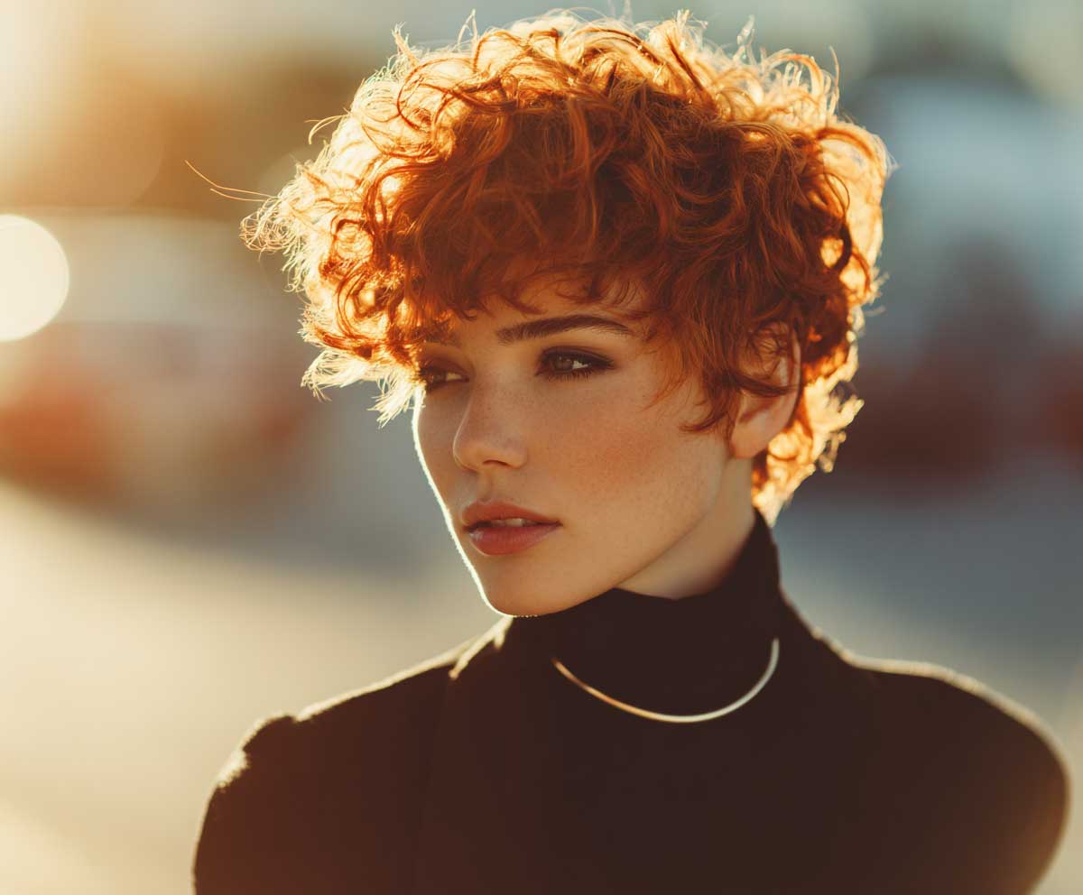 portrait photo of a woman with a short pixie haircut and short hair perm in bright copper red, tousled layered curls, edgy and radiant, golden hour lighting, contemporary background, style-forward look