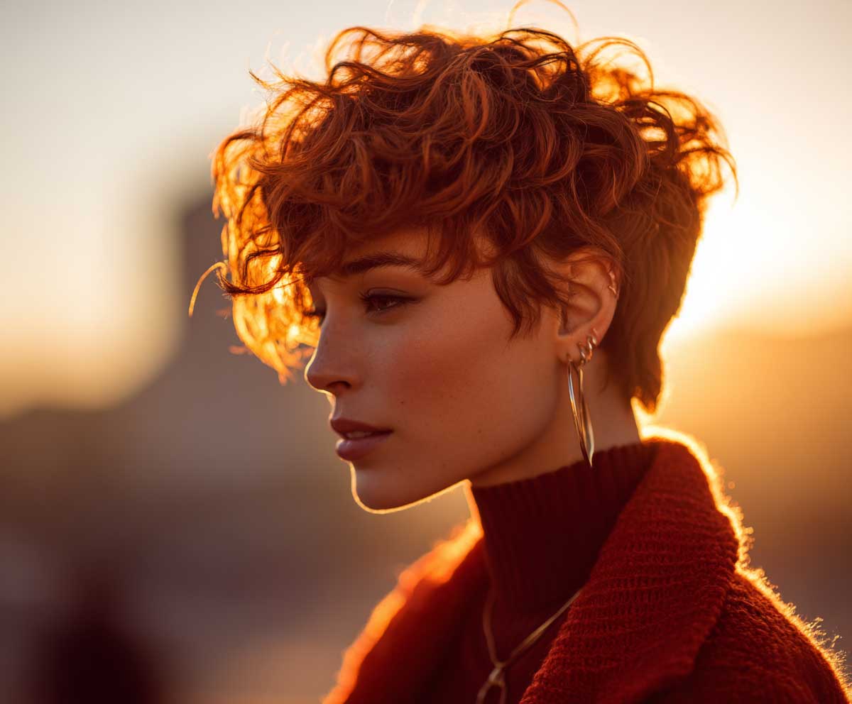 portrait photo of a woman with a short pixie haircut and short hair perm in bright copper red, tousled layered curls, edgy and radiant, golden hour lighting, contemporary background, style-forward look
