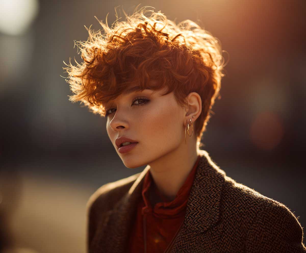 portrait photo of a woman with a short pixie haircut and short hair perm in bright copper red, tousled layered curls, edgy and radiant, golden hour lighting, contemporary background, style-forward look