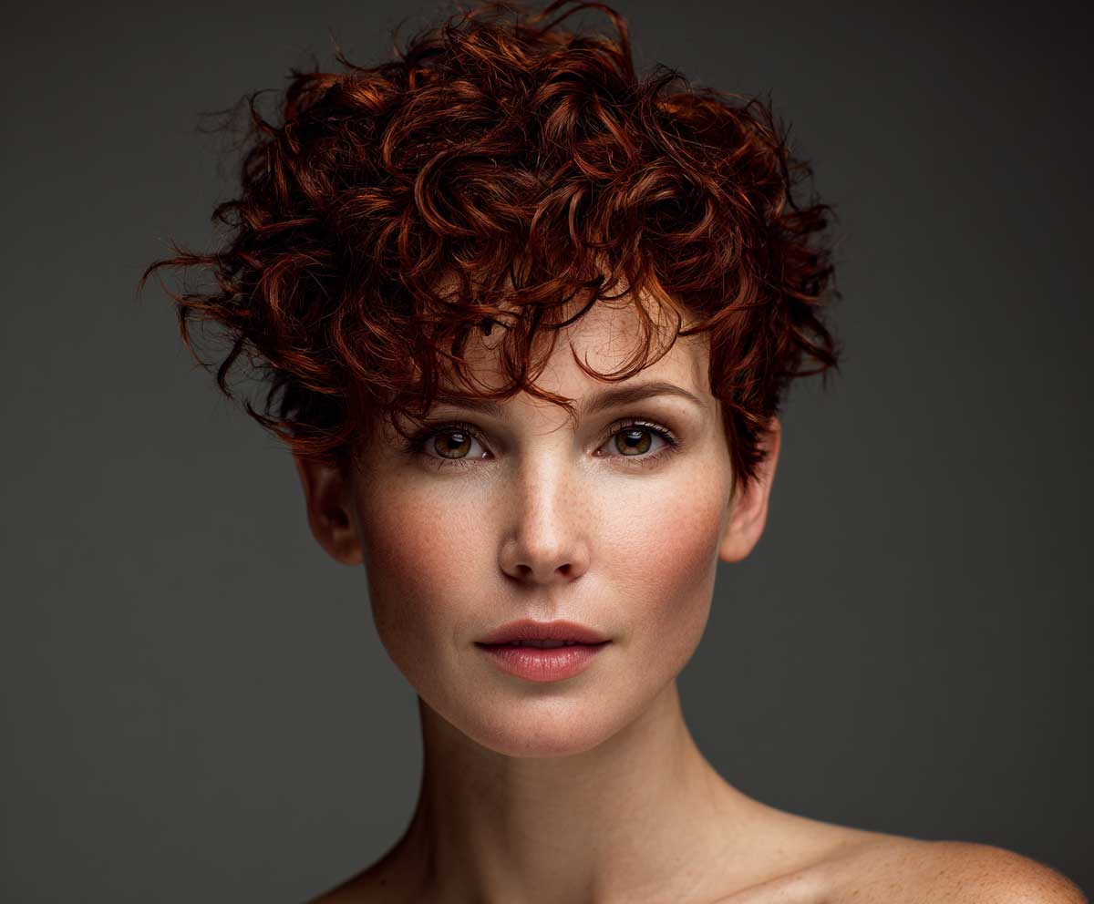 portrait photo of a woman with a short pixie cut and short hair perm in deep auburn, textured curls, windswept and voluminous, natural lighting, studio background, modern hairstyle showcase