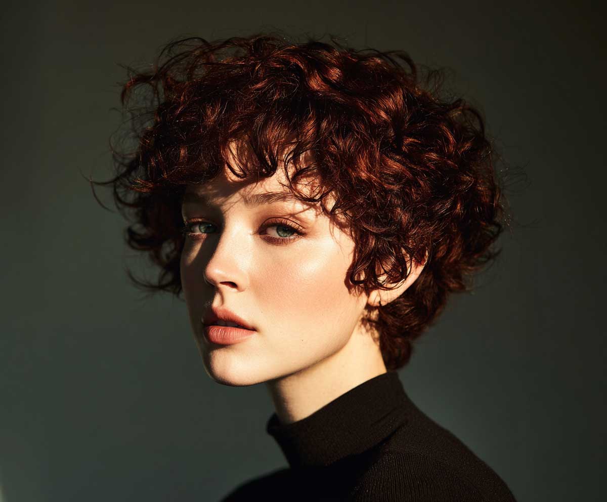 portrait photo of a woman with a short pixie cut and short hair perm in deep auburn, textured curls, windswept and voluminous, natural lighting, studio background, modern hairstyle showcase