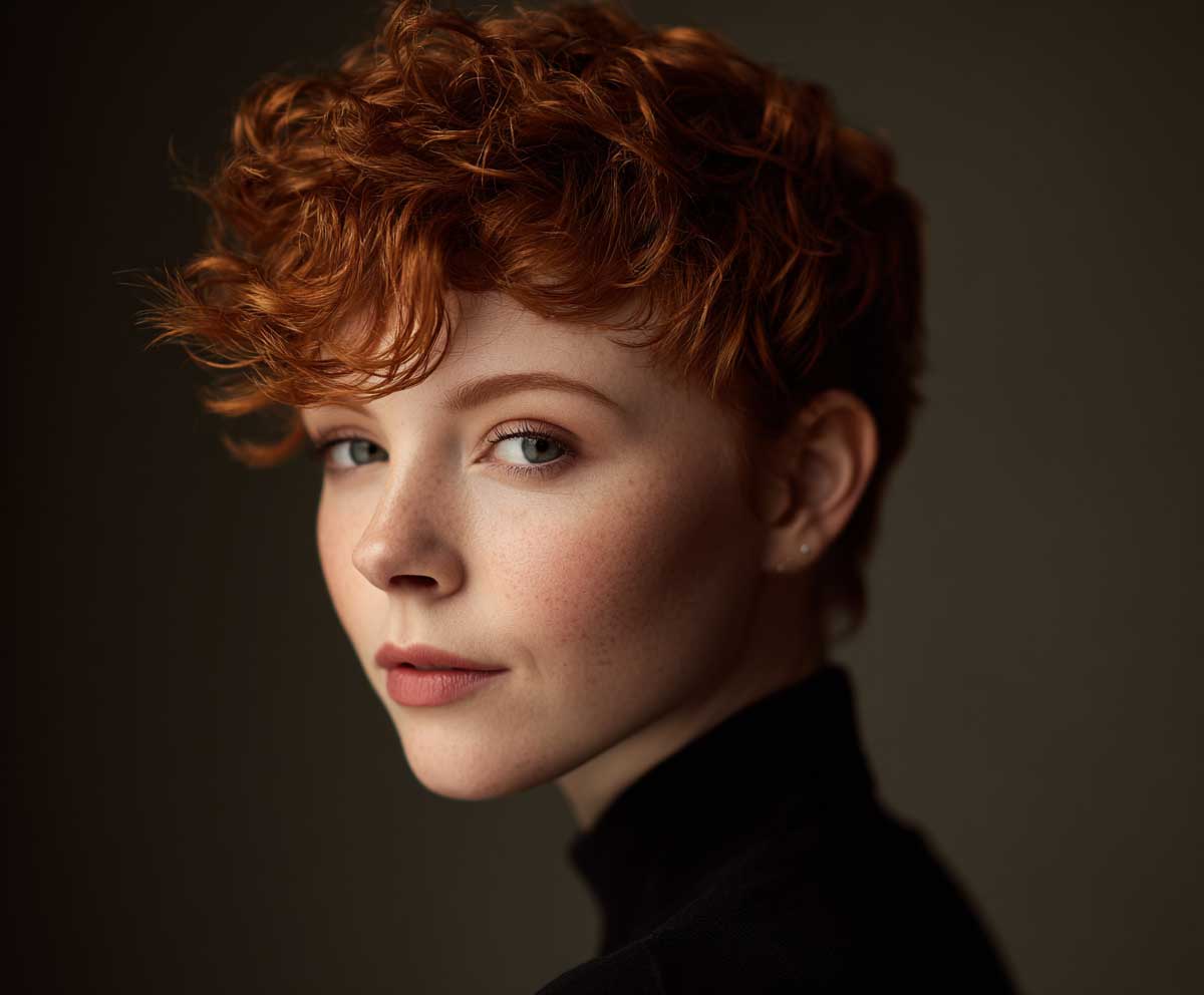 portrait photo of a woman with a short pixie cut and short hair perm in deep auburn, textured curls, windswept and voluminous, natural lighting, studio background, modern hairstyle showcase