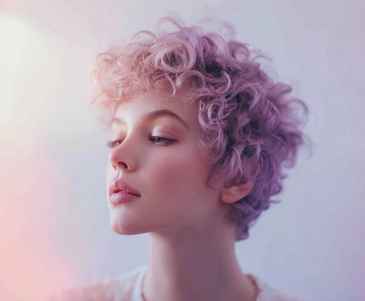 portrait photo of a woman with a short pixie haircut and short hair perm in soft lavender purple, tight spiral curls, dreamy and whimsical, airy lighting, soft-focus background, editorial hairstyle concept