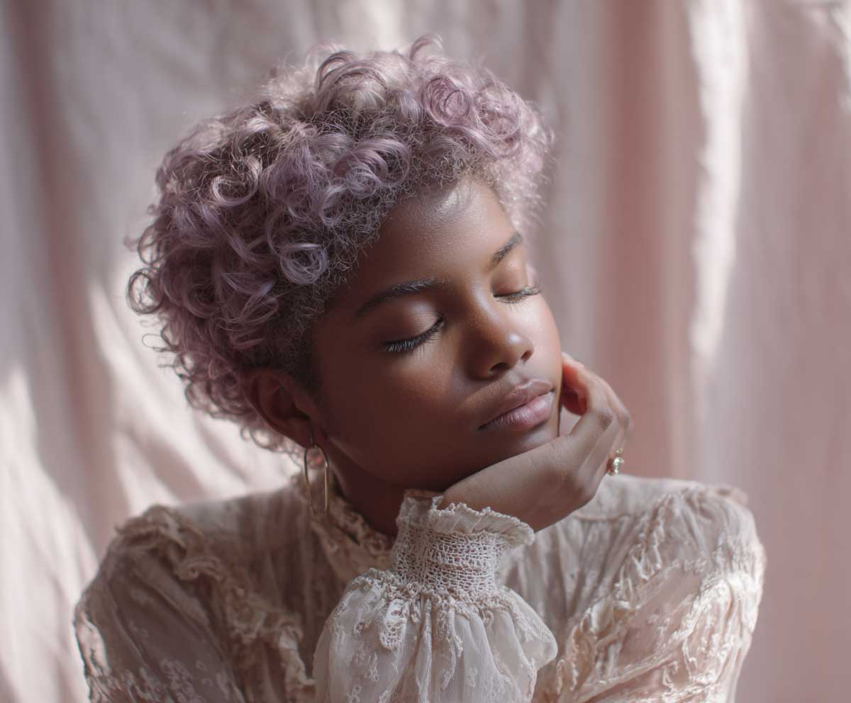 portrait photo of a woman with a short pixie haircut and short hair perm in soft lavender purple, tight spiral curls, dreamy and whimsical, airy lighting, soft-focus background, editorial hairstyle concept