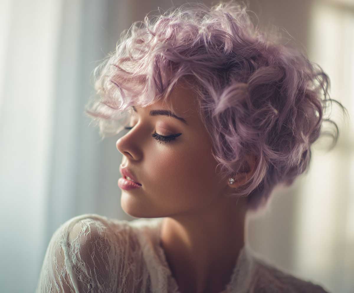 portrait photo of a woman with a short pixie haircut and short hair perm in soft lavender purple, tight spiral curls, dreamy and whimsical, airy lighting, soft-focus background, editorial hairstyle concept