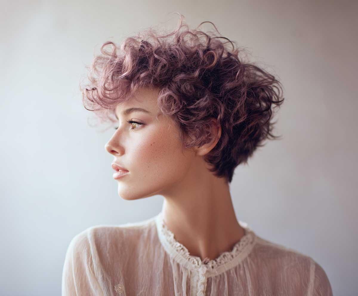 portrait photo of a woman with a short pixie haircut and short hair perm in soft lavender purple, tight spiral curls, dreamy and whimsical, airy lighting, soft-focus background, editorial hairstyle concept