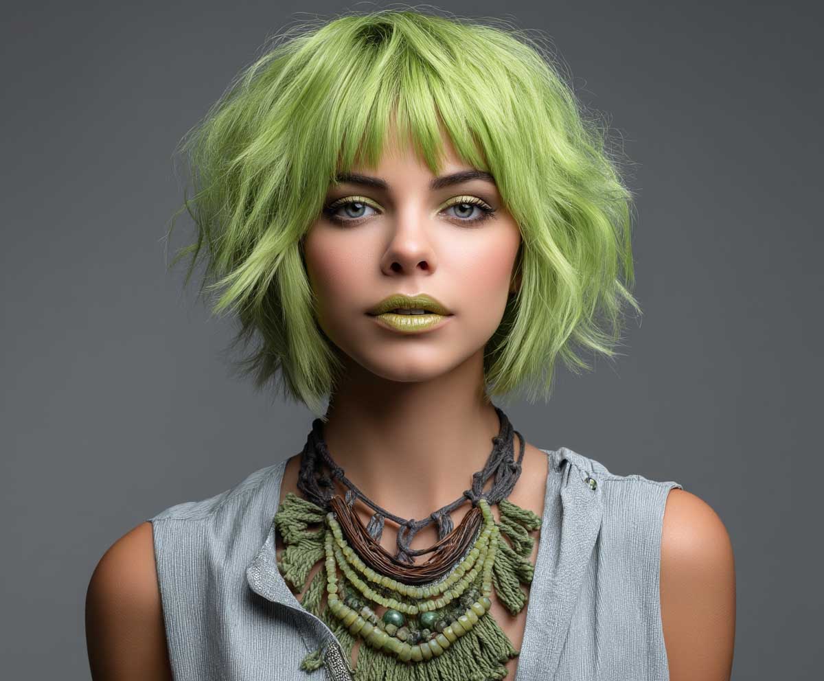 female model with short layered bob hairstyle, choppy textured cut, vibrant lime green hair, tousled layers, edgy and playful look, high fashion lighting, studio background