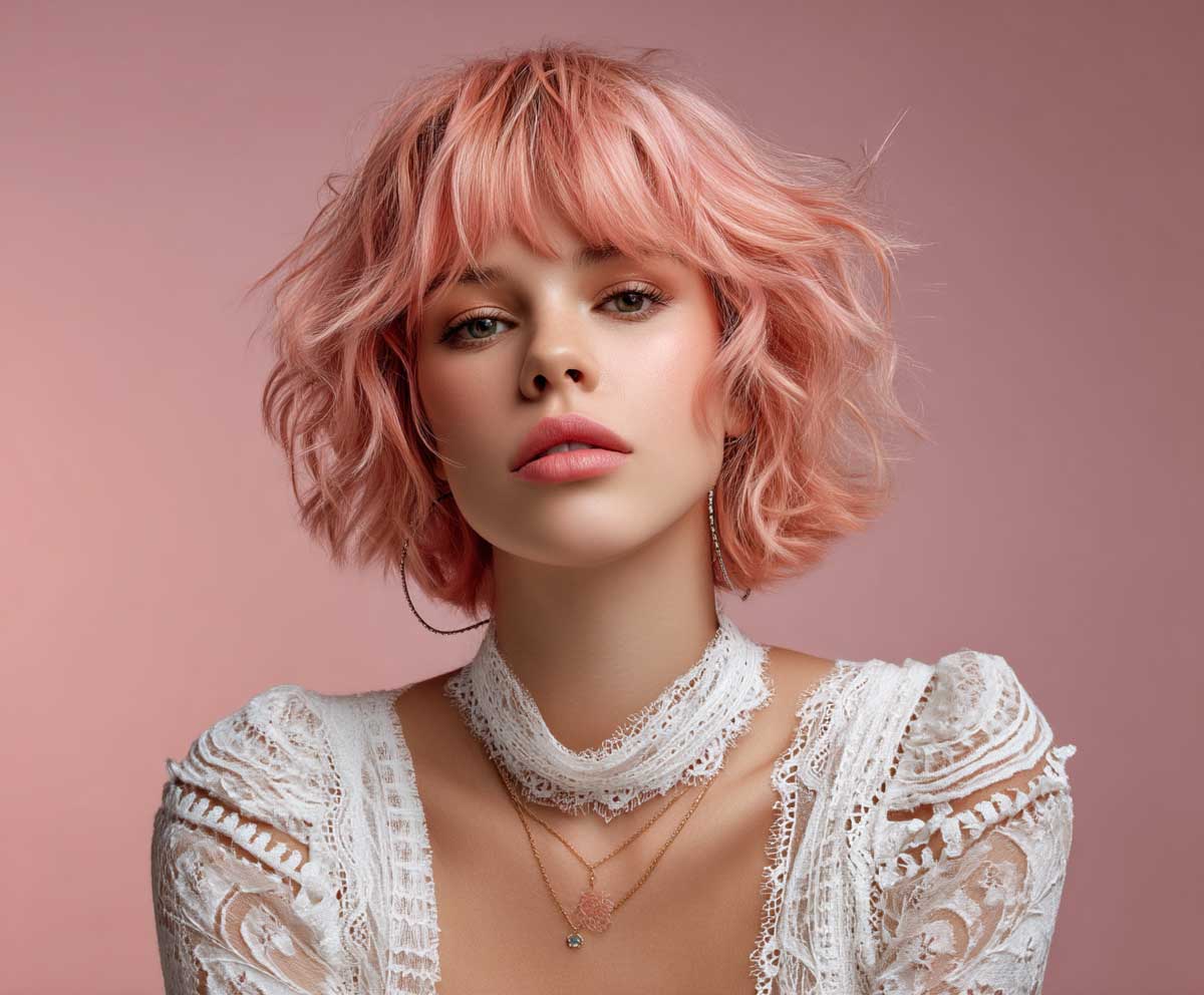 fashion model with short layered bob hairstyle, flamingo pink hair, tousled beachy waves, airy texture, wind-swept style, summer mood, editorial photography, pastel background