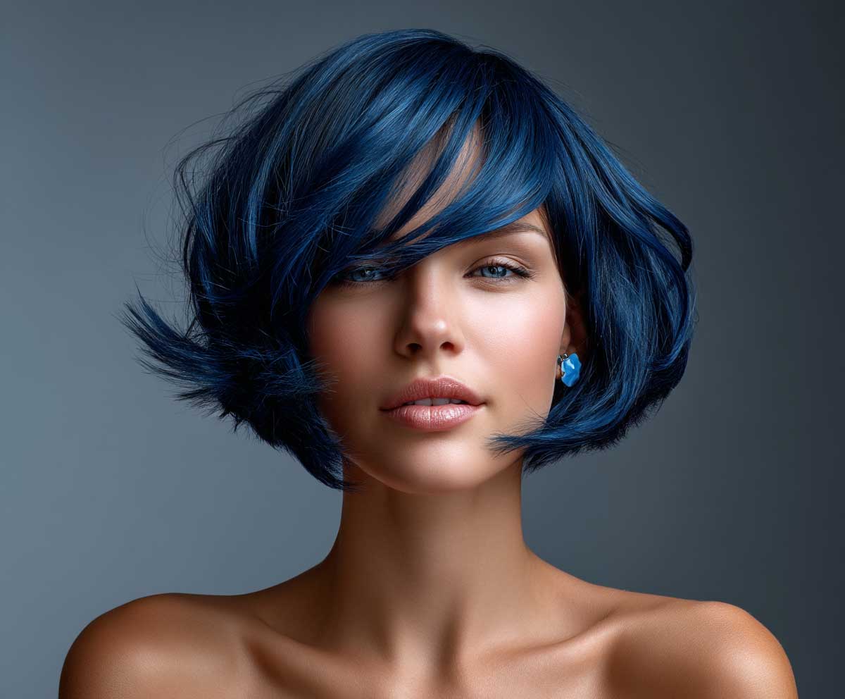 fashion model with short layered bob hairstyle, sapphire blue hair, feathery ends, glossy finish, wind-blown movement, elegant lighting, sleek studio background