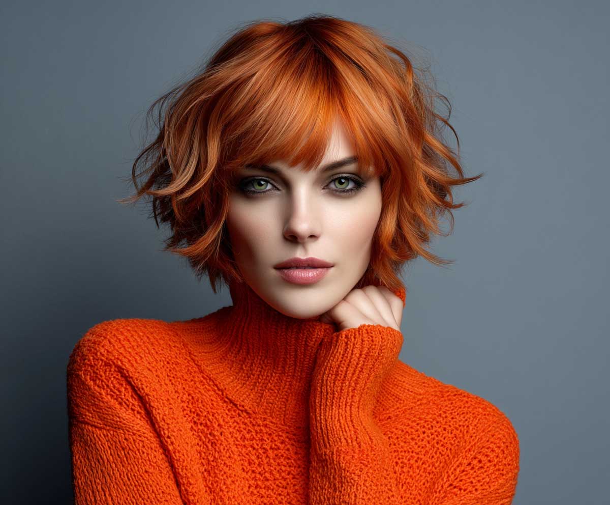 stylish woman with short layered bob hairstyle, vivid bright orange color, messy choppy texture, asymmetrical layers, fashion portrait, editorial lighting, clean backdrop