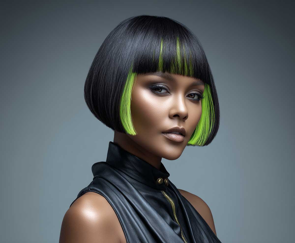 woman with short layered bob hairstyle, glossy jet black hair with neon lime gradient tips, sleek layered cut, sharp shine, futuristic lighting, high fashion studio photo