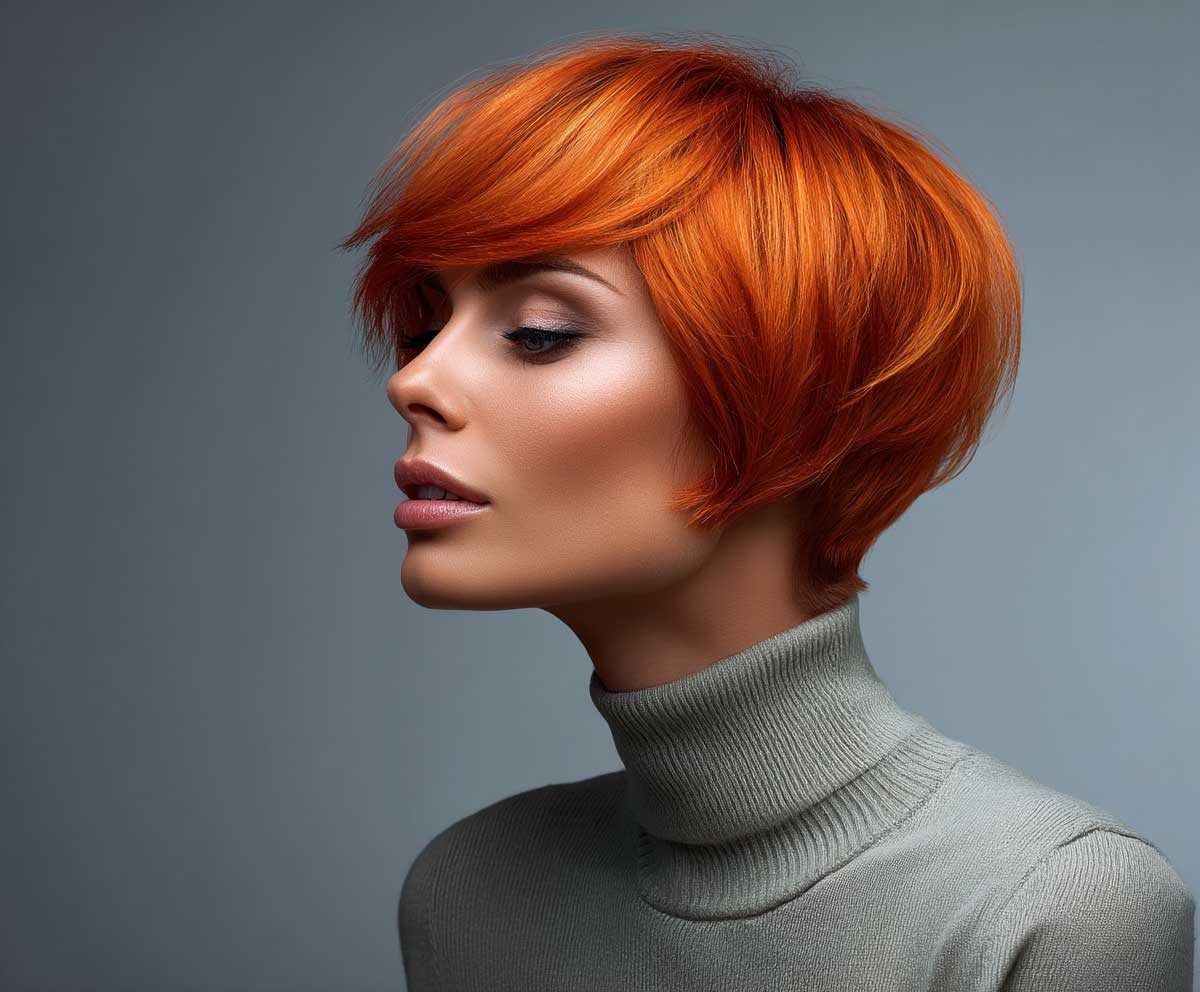 stylish woman with short layered bob hairstyle, vivid tangerine color, radiant shine, feathered layers, light-reflecting hair, soft shadows, high fashion portrait