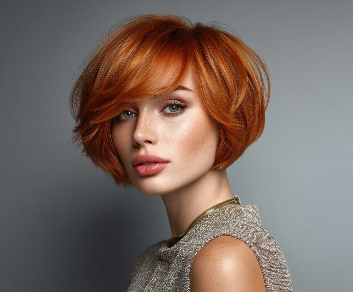 stylish woman with short layered bob hairstyle, vivid tangerine color, radiant shine, feathered layers, light-reflecting hair, soft shadows, high fashion portrait