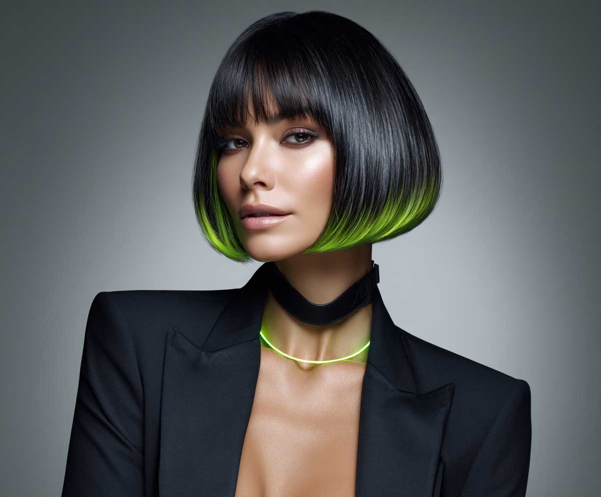 woman with short layered bob hairstyle, glossy jet black hair with neon lime gradient tips, sleek layered cut, sharp shine, futuristic lighting, high fashion studio photo