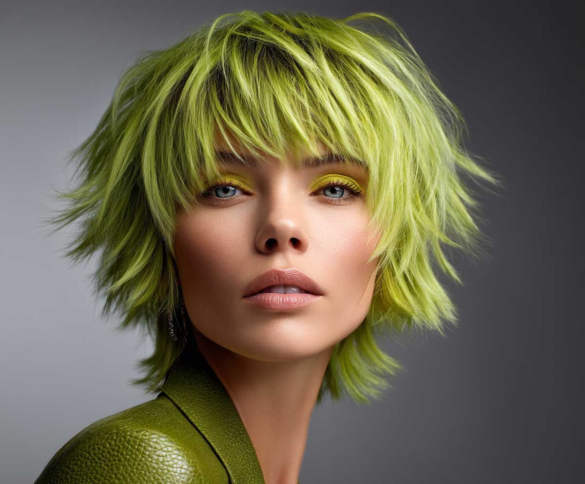 female model with short layered bob hairstyle, choppy textured cut, vibrant lime green hair, tousled layers, edgy and playful look, high fashion lighting, studio background