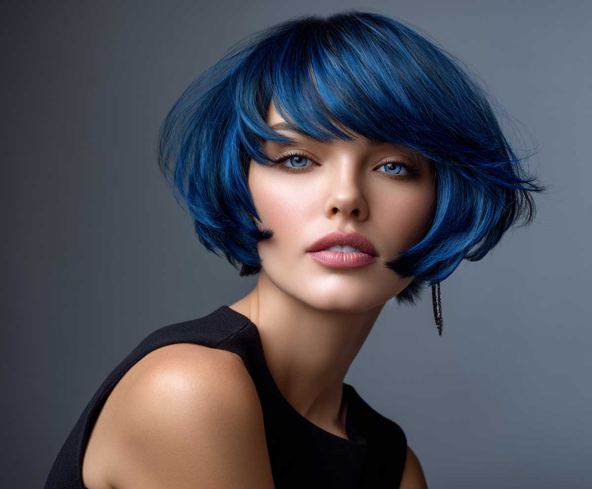 fashion model with short layered bob hairstyle, sapphire blue hair, feathery ends, glossy finish, wind-blown movement, elegant lighting, sleek studio background