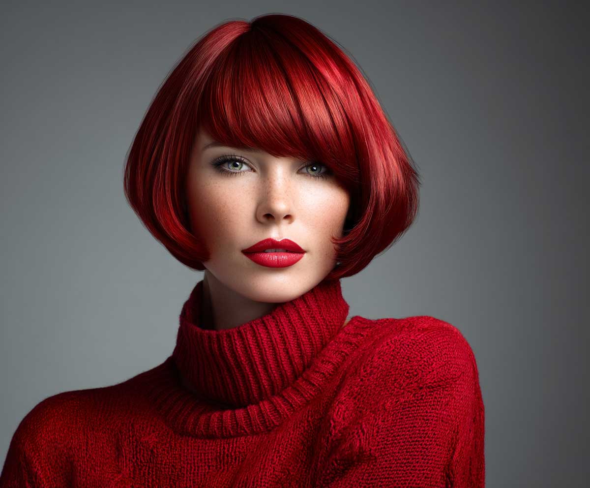 fashion model with short layered bob hairstyle, sleek angled cut, vibrant cherry red hair, glossy finish, precision-cut style, high fashion photography, studio lighting, sharp shadows