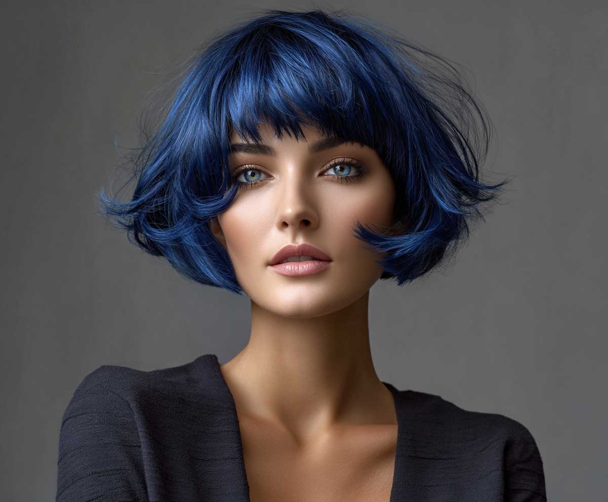fashion model with short layered bob hairstyle, sapphire blue hair, feathery ends, glossy finish, wind-blown movement, elegant lighting, sleek studio background