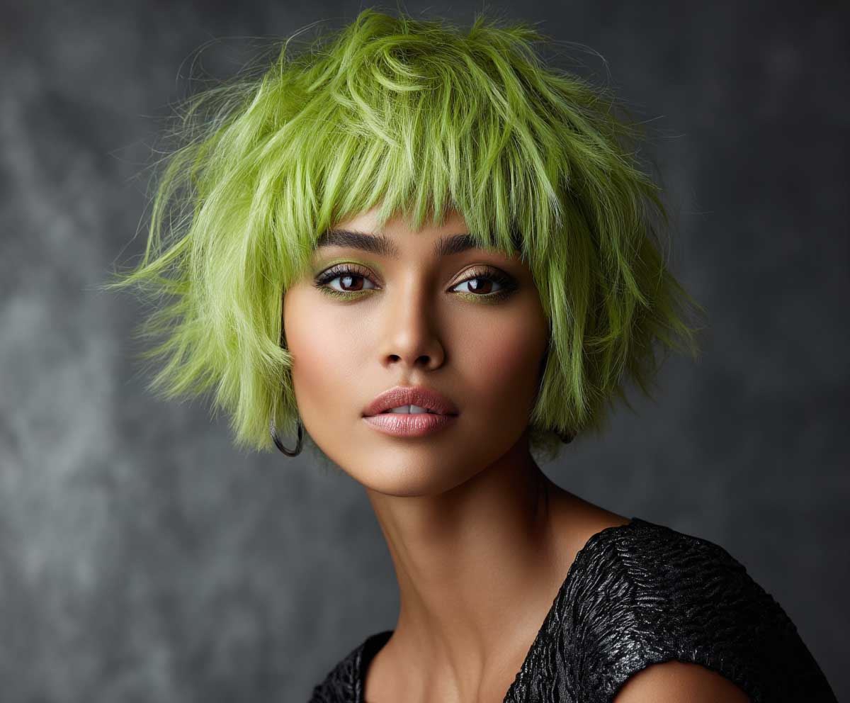 female model with short layered bob hairstyle, choppy textured cut, vibrant lime green hair, tousled layers, edgy and playful look, high fashion lighting, studio background