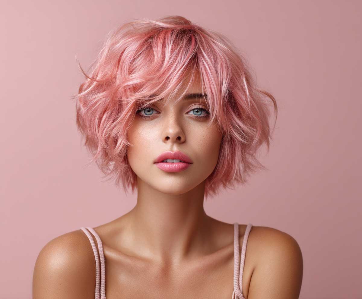 fashion model with short layered bob hairstyle, flamingo pink hair, tousled beachy waves, airy texture, wind-swept style, summer mood, editorial photography, pastel background