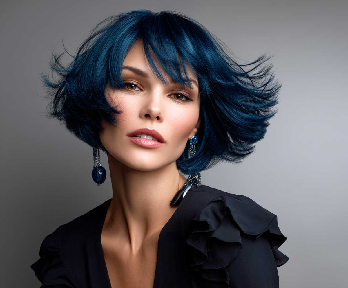 fashion model with short layered bob hairstyle, sapphire blue hair, feathery ends, glossy finish, wind-blown movement, elegant lighting, sleek studio background