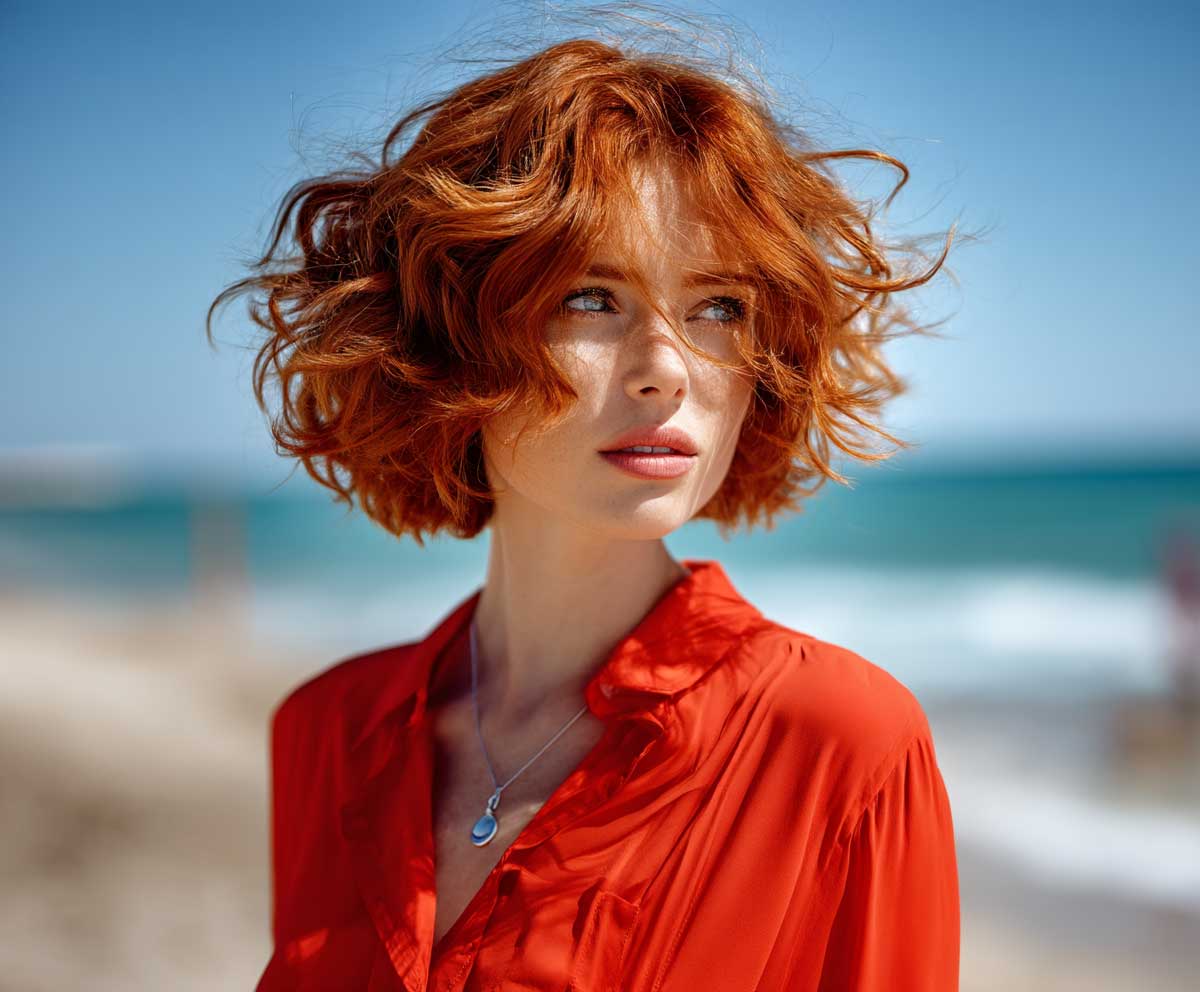 stylish woman with short layered bob hairstyle, coral red color, tousled beach curls, textured layers, sunlit look, sea breeze feel, vibrant fashion portrait