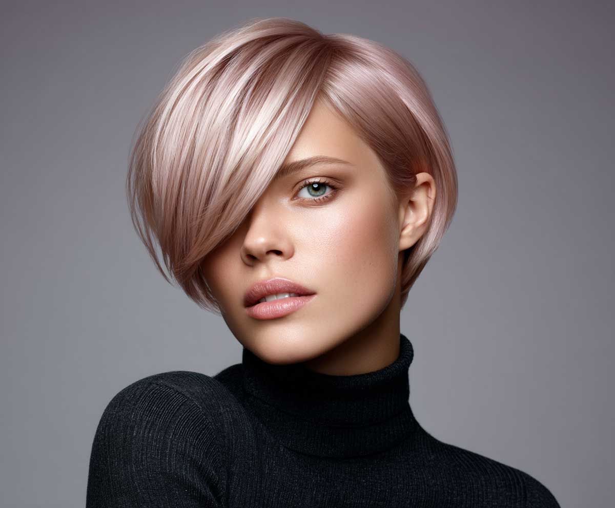female model with short layered bob hairstyle, icy peach hair color, angled asymmetrical cut, sharp layers, side part, smooth texture, clean lighting, fashion photography
