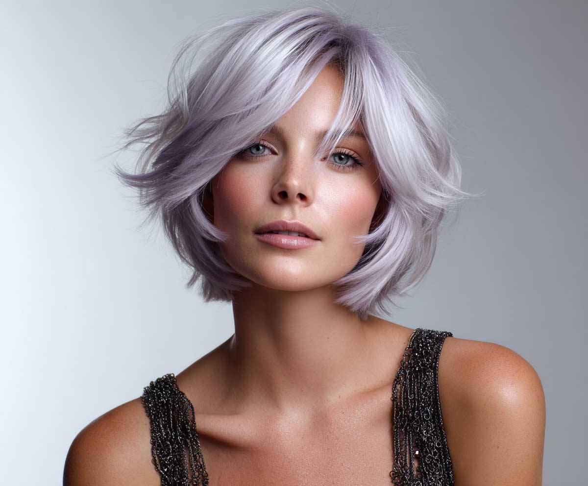 model with short layered bob hairstyle, lavender silver hair, airy feathered ends, luminous hair shine, soft lighting, beauty studio close-up, smooth background