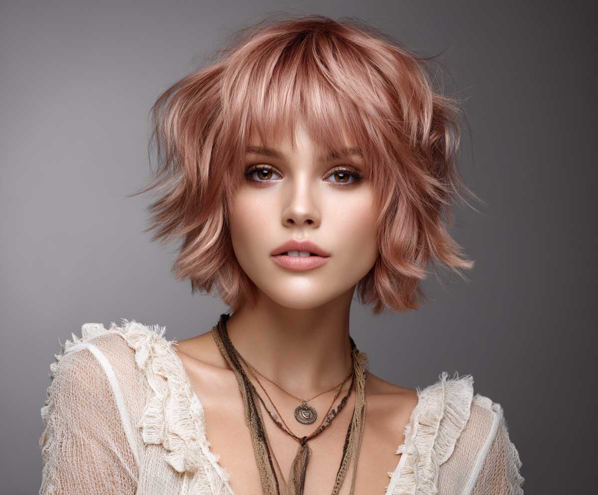 model with short layered bob hairstyle, metallic rose gold hair, jagged layered tips, choppy cut, soft glam lighting, sharp detail, high-resolution beauty shot
