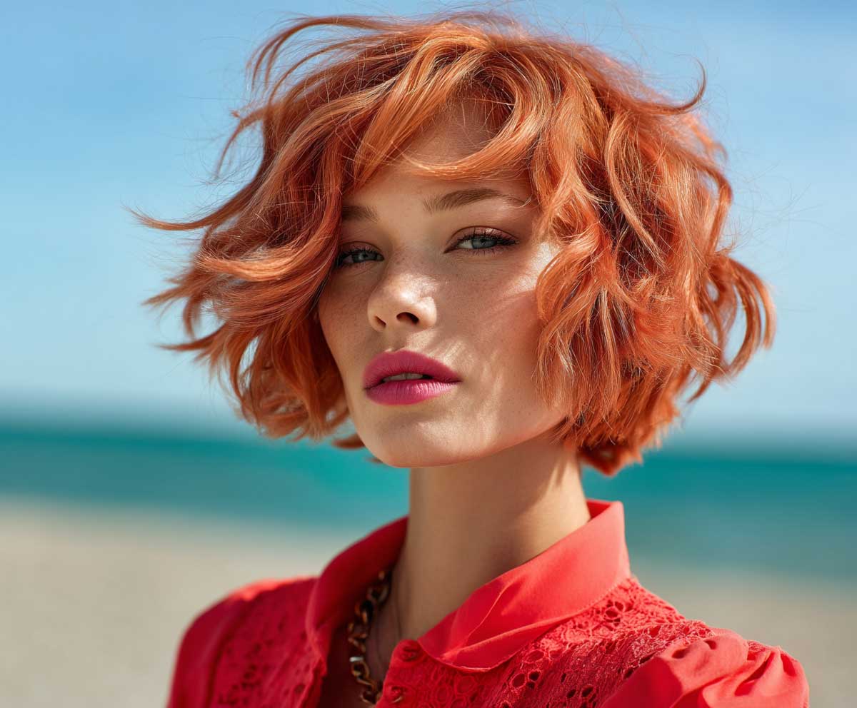 stylish woman with short layered bob hairstyle, coral red color, tousled beach curls, textured layers, sunlit look, sea breeze feel, vibrant fashion portrait