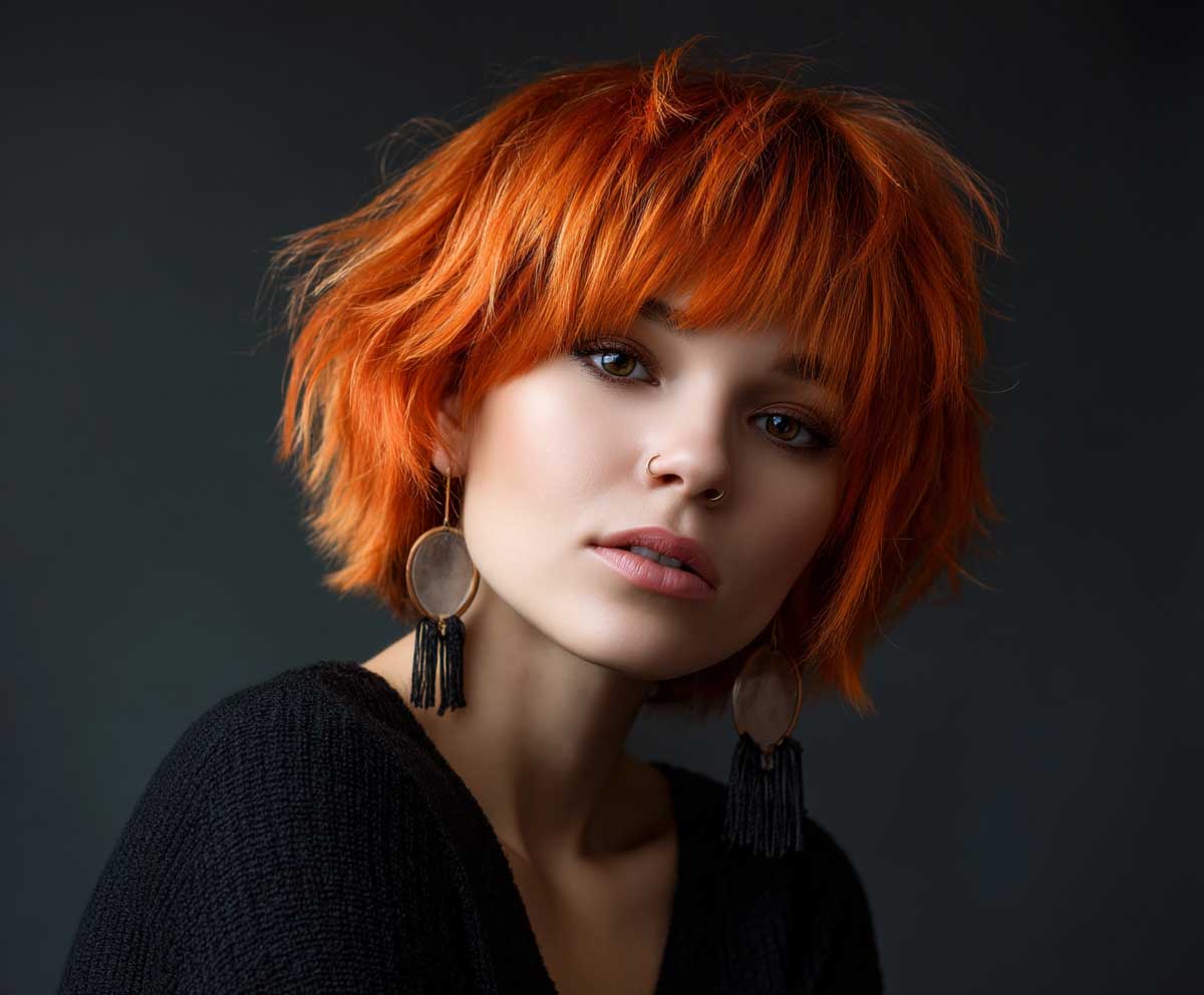 fashion-forward woman with short layered bob hairstyle, fire orange color, shaggy textured layers, messy finish, rock chic aesthetic, grunge style portrait, moody lighting