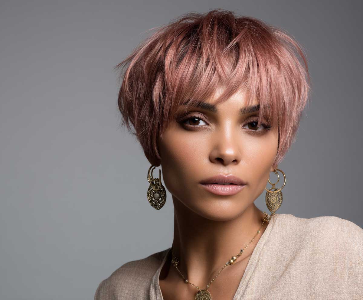 model with short layered bob hairstyle, metallic rose gold hair, jagged layered tips, choppy cut, soft glam lighting, sharp detail, high-resolution beauty shot