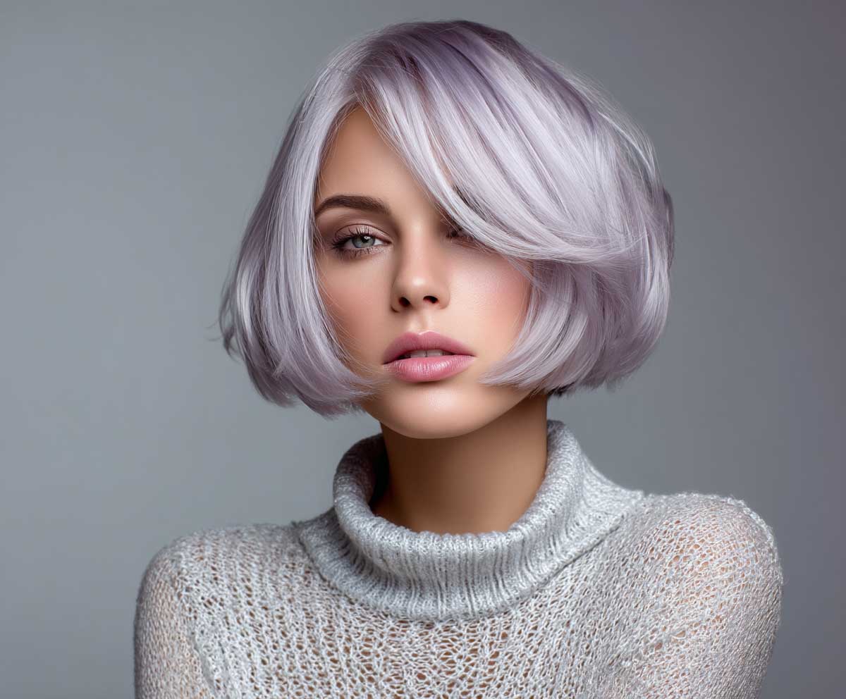 model with short layered bob hairstyle, lavender silver hair, airy feathered ends, luminous hair shine, soft lighting, beauty studio close-up, smooth background