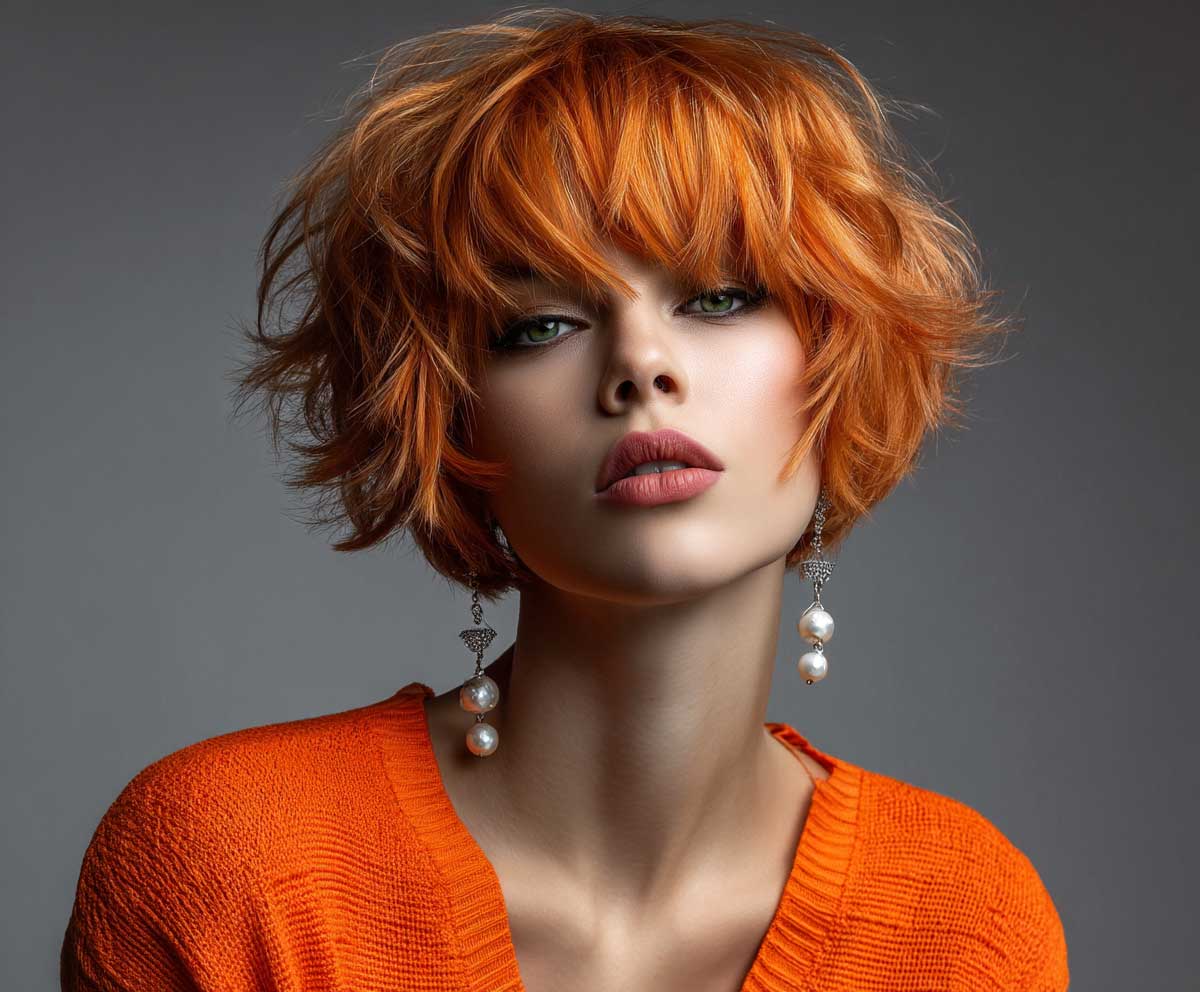 fashion-forward woman with short layered bob hairstyle, fire orange color, shaggy textured layers, messy finish, rock chic aesthetic, grunge style portrait, moody lighting