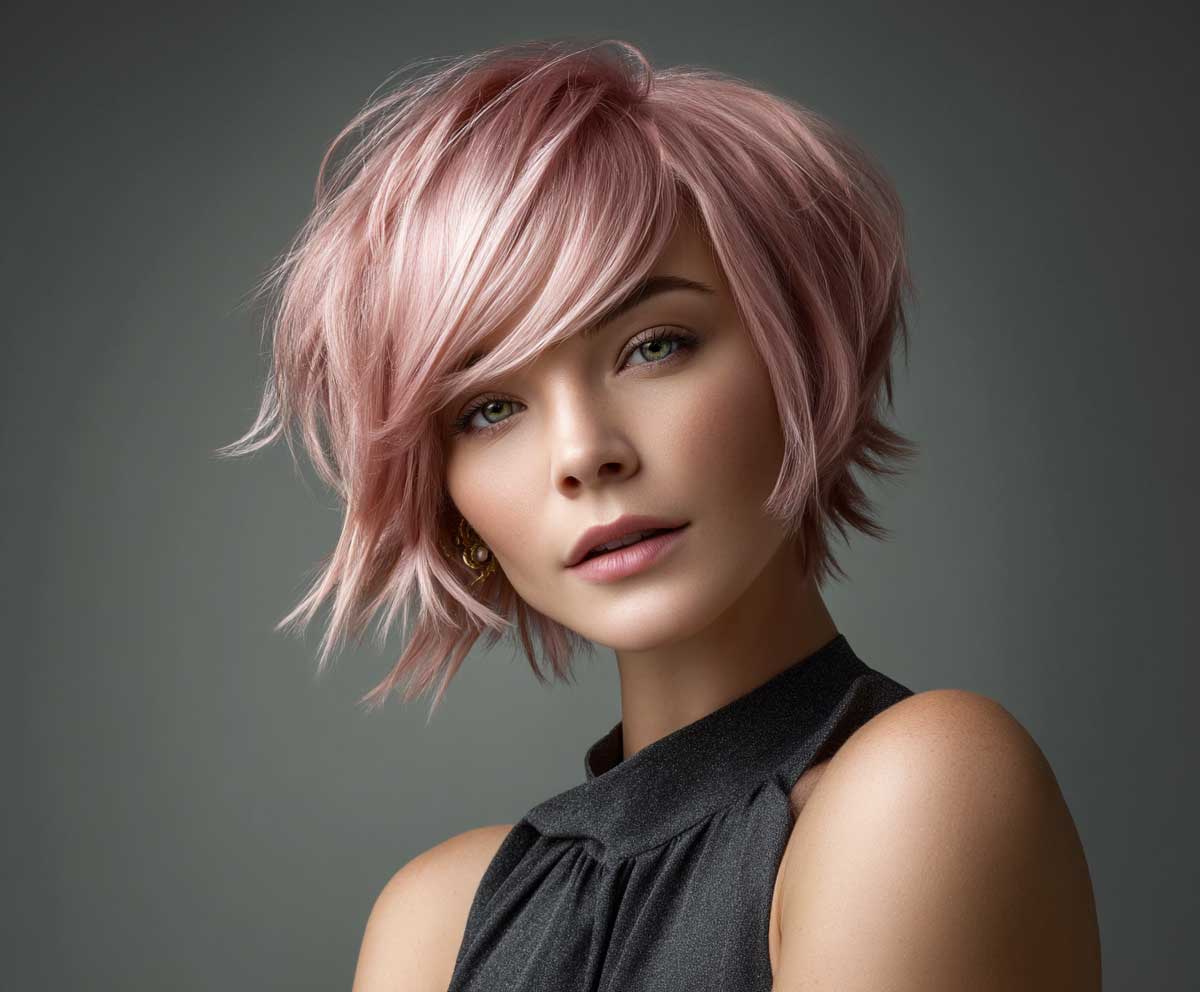 model with short layered bob hairstyle, metallic rose gold hair, jagged layered tips, choppy cut, soft glam lighting, sharp detail, high-resolution beauty shot