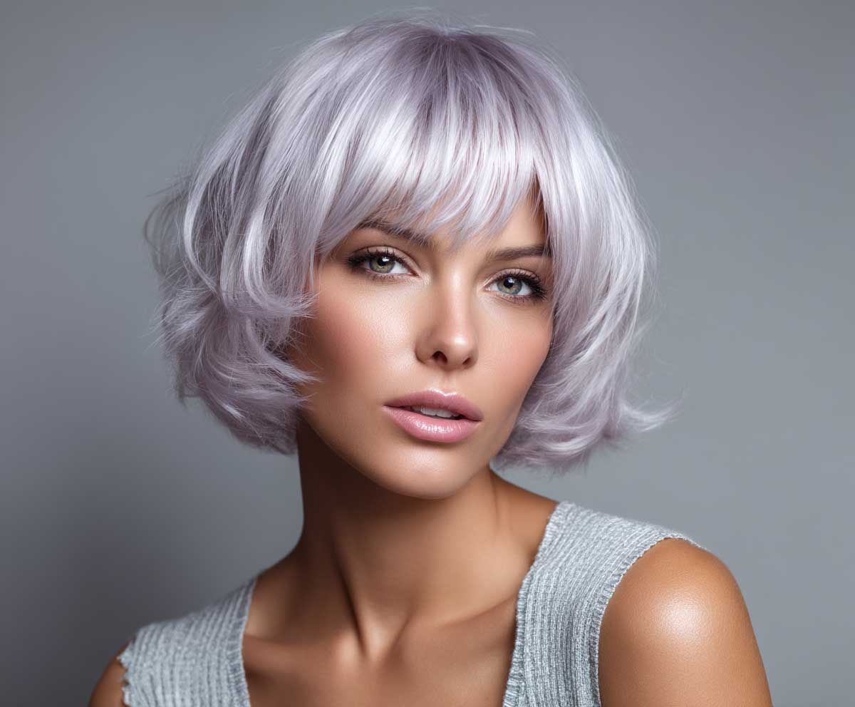 model with short layered bob hairstyle, lavender silver hair, airy feathered ends, luminous hair shine, soft lighting, beauty studio close-up, smooth background