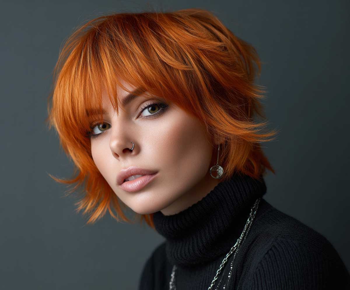 fashion-forward woman with short layered bob hairstyle, fire orange color, shaggy textured layers, messy finish, rock chic aesthetic, grunge style portrait, moody lighting
