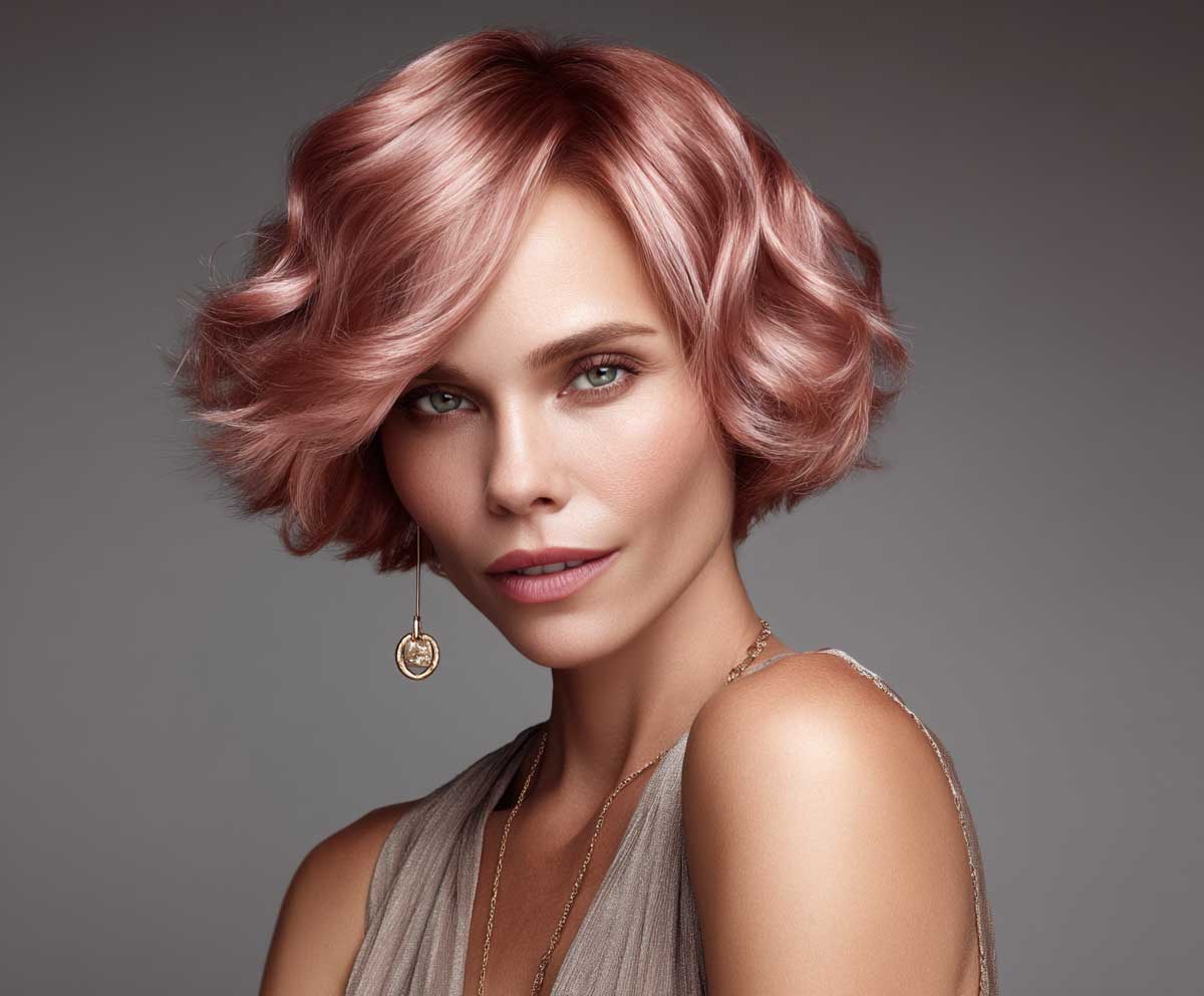 model with short layered bob hairstyle, metallic rose gold hair, jagged layered tips, choppy cut, soft glam lighting, sharp detail, high-resolution beauty shot