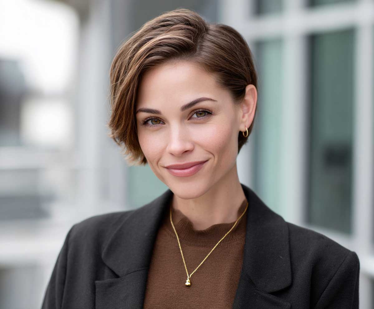 professional studio photo of a woman with short medium layered haircuts in espresso brown, sleek layers, hair tucked behind one ear, business casual outfit, natural daylight office background, confident smile, high-resolution