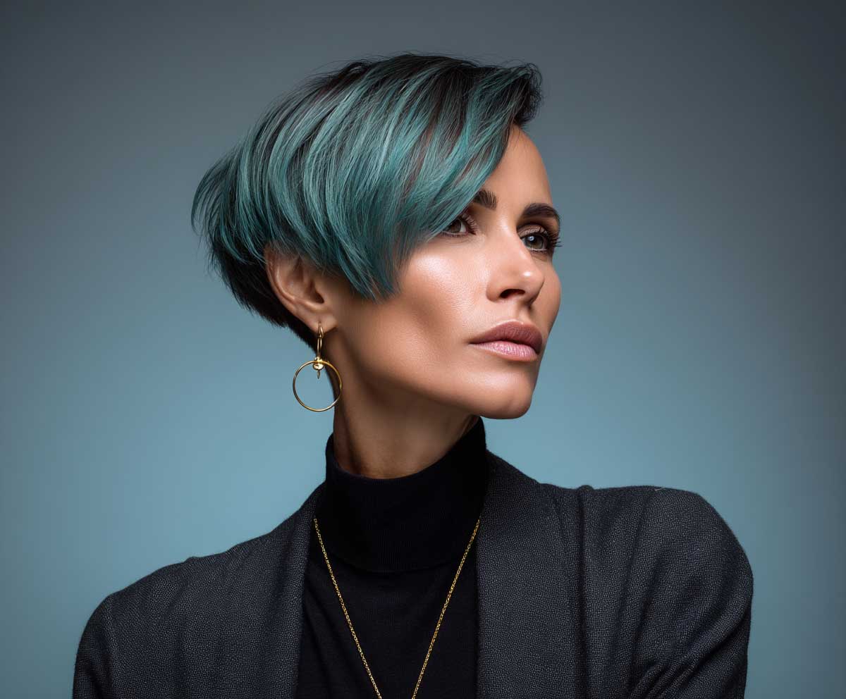studio portrait of a woman with short medium layered haircuts in cool teal black, subtle undercut, edgy yet professional styling, monochrome outfit, modern office background, poised expression, clean lighting
